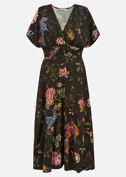 Yumi Black Viscose Bird and Floral Print Kimono Midi Dress