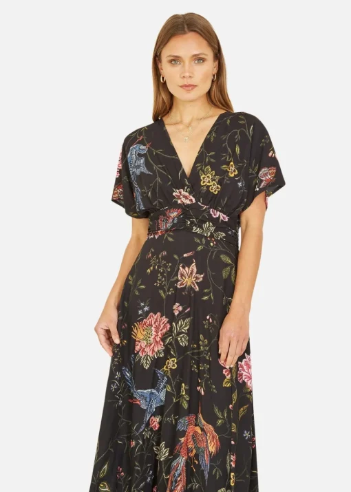 Yumi Black Viscose Bird and Floral Print Kimono Midi Dress