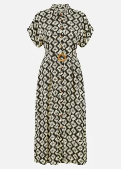 Yumi Black Viscose Midi Shirt Dress With Matching Belt