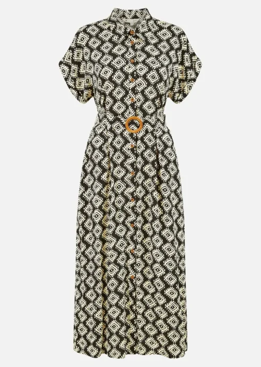 Yumi Black Viscose Midi Shirt Dress With Matching Belt