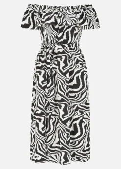 Yumi Black Zebra Print Bardot Dress