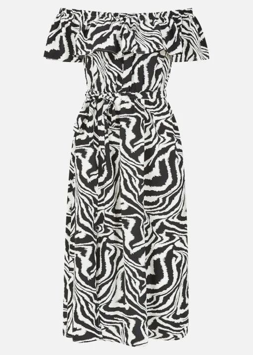 Yumi Black Zebra Print Bardot Dress