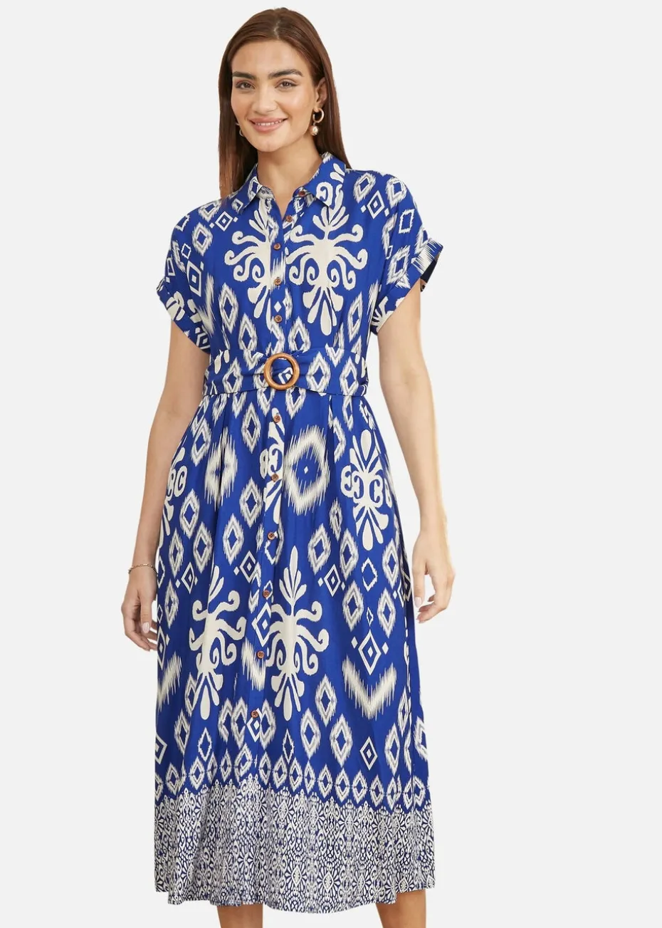 Yumi Blue Abstract Geo Print Relaxed Midi Shirt Dress With Belt