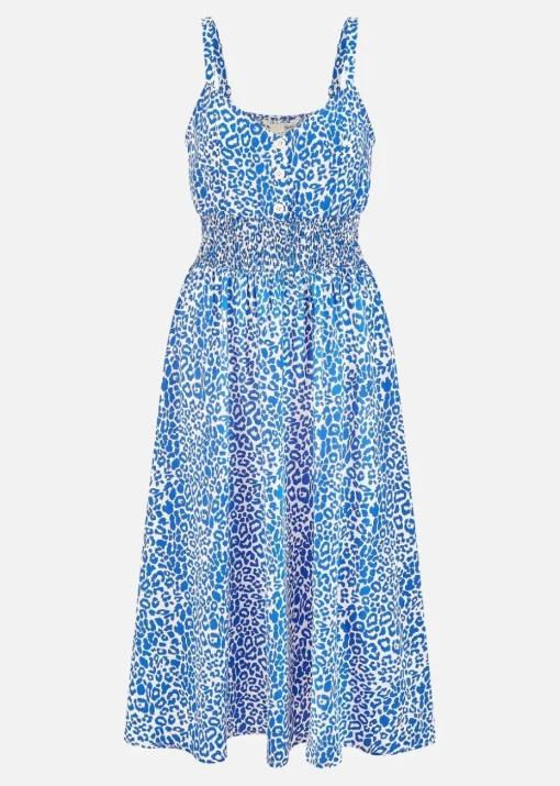 Yumi Blue Animal Print Midi Sundress With Ruched Waist