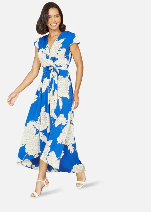 Yumi Blue Blossom Print Wrap Midi With Dipped Hem