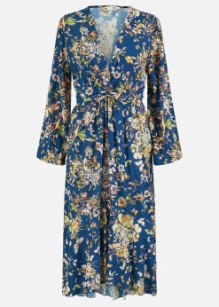 Yumi Blue Butterly Floral Tie Knot Front Long Sleeve Midi Dress