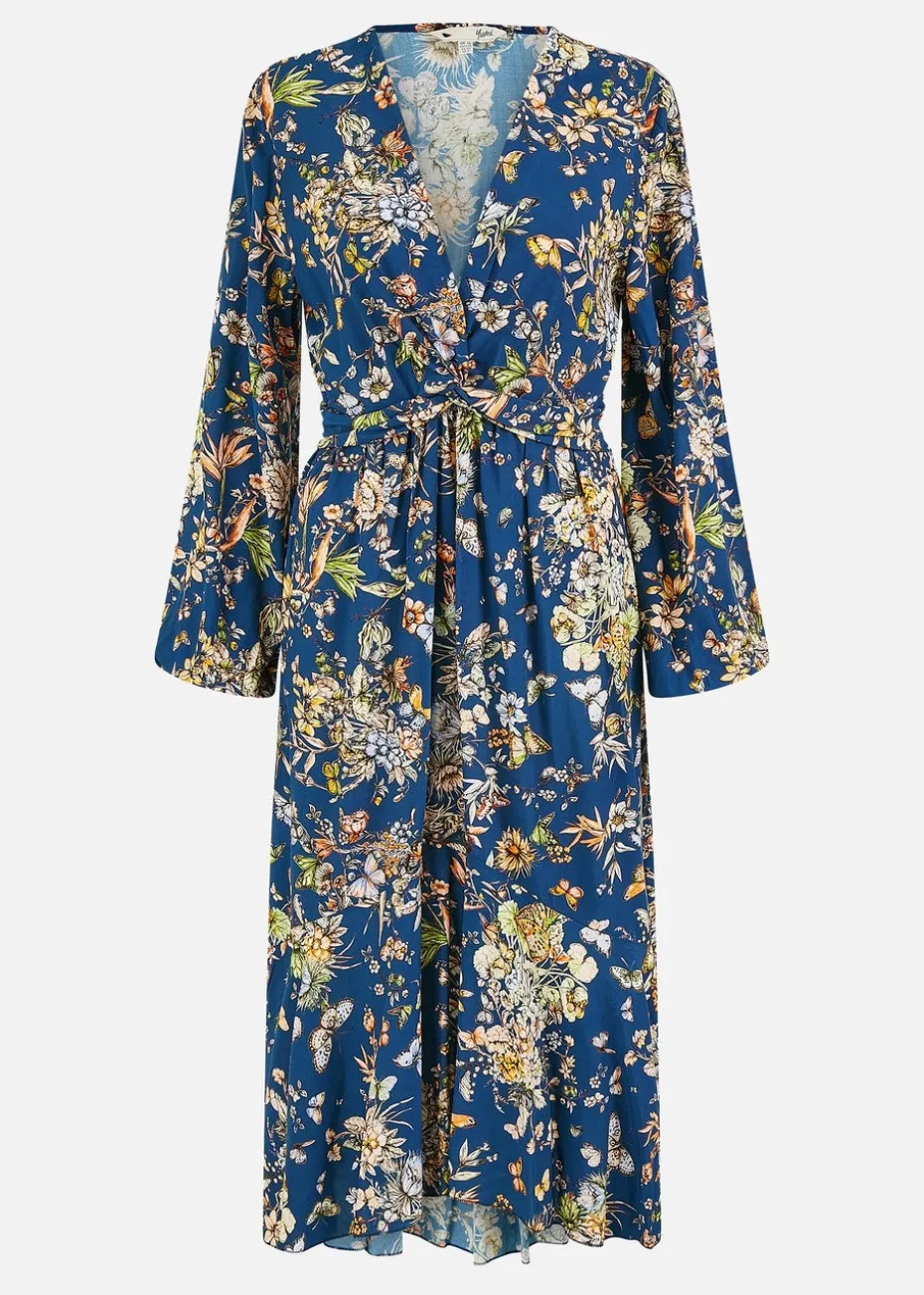 Yumi Blue Butterly Floral Tie Knot Front Long Sleeve Midi Dress