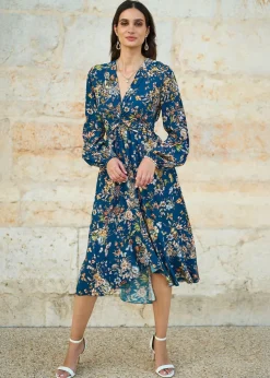 Yumi Blue Butterly Floral Tie Knot Front Long Sleeve Midi Dress