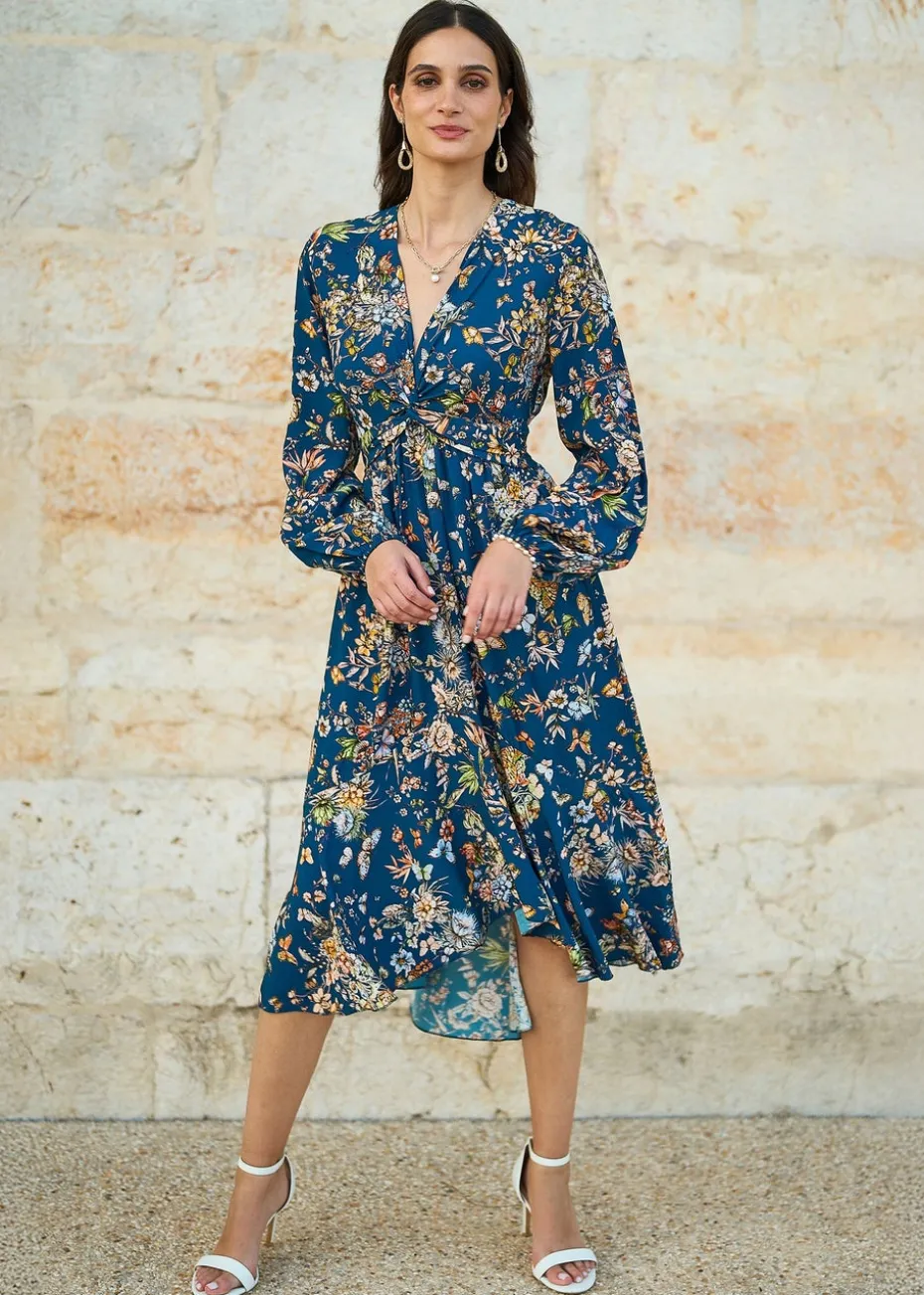 Yumi Blue Butterly Floral Tie Knot Front Long Sleeve Midi Dress