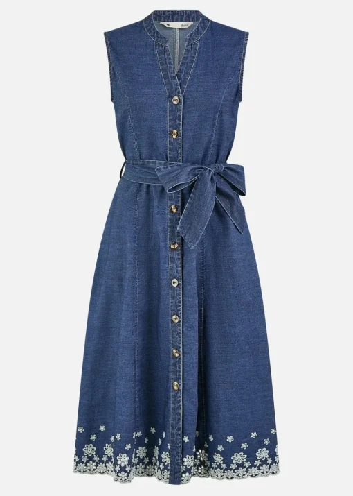 Yumi Blue Chambray Cotton Midi Embroidered Shirt Dress