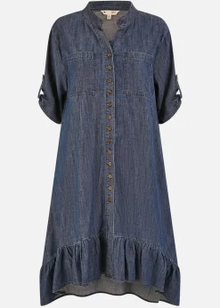 Yumi Blue Chambray Denim Dip Hem Relaxed Fit Shirt Dress