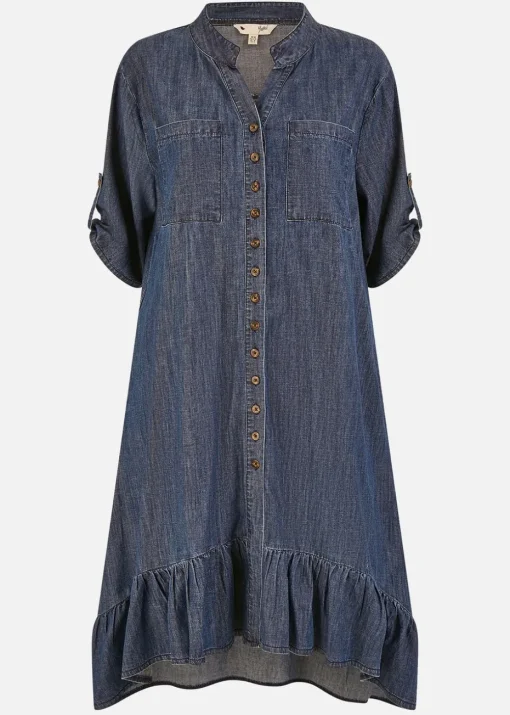 Yumi Blue Chambray Denim Dip Hem Relaxed Fit Shirt Dress