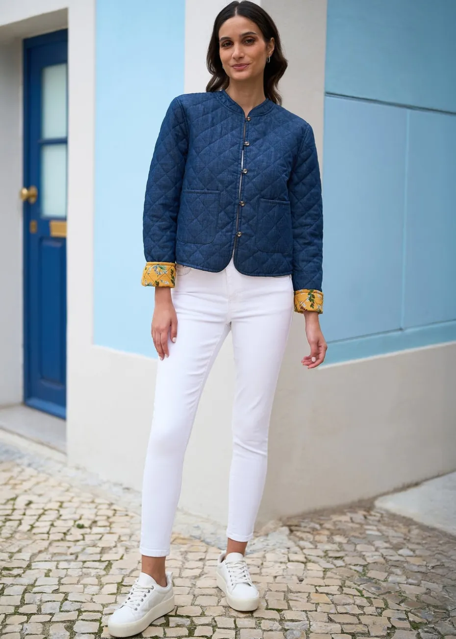 Yumi Blue Chambray Quilted Jacket With Reversible Floral Lining