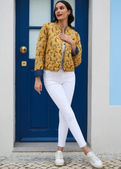 Yumi Blue Chambray Quilted Jacket With Reversible Floral Lining