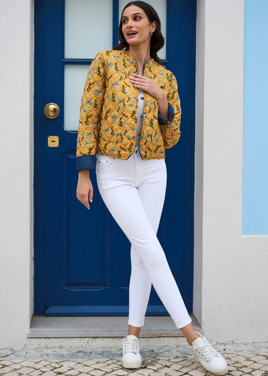 Yumi Blue Chambray Quilted Jacket With Reversible Floral Lining