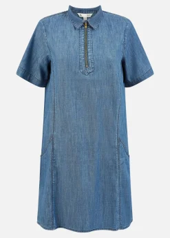 Yumi Blue Cotton Chambray Tunic With Zip Neckline