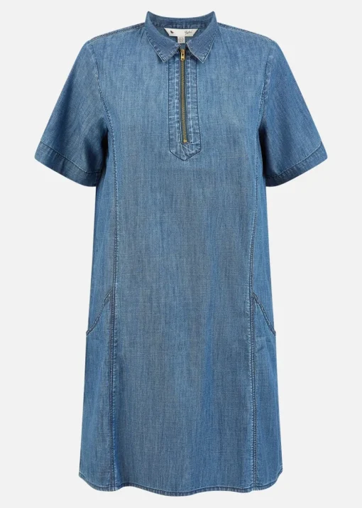 Yumi Blue Cotton Chambray Tunic With Zip Neckline
