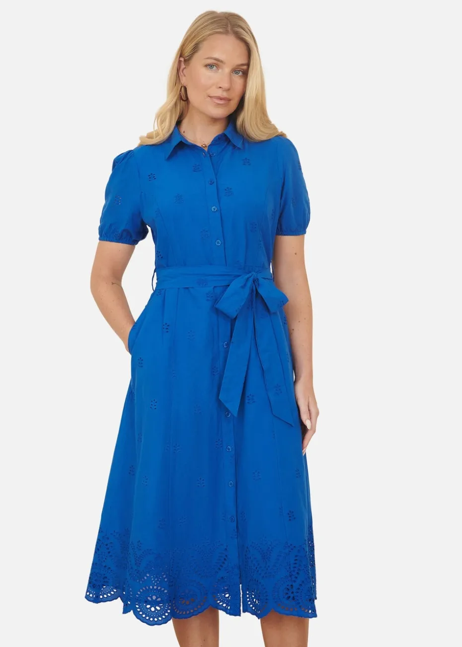 Yumi Blue Cotton Shirt Midi Dress With Cut Out Details