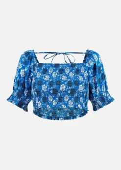 Yumi Blue Cotton Voile Floral Ruched Crop Top