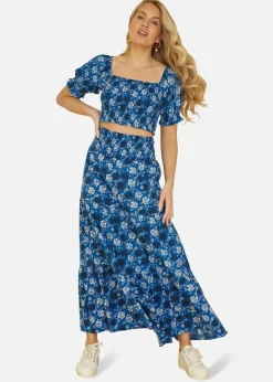 Yumi Blue Cotton Voile Floral Ruched Crop Top