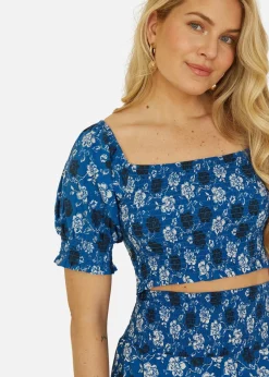 Yumi Blue Cotton Voile Floral Ruched Crop Top