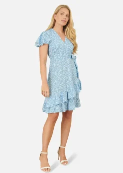 Yumi Blue Ditsy Floral Wrap Frill Dress