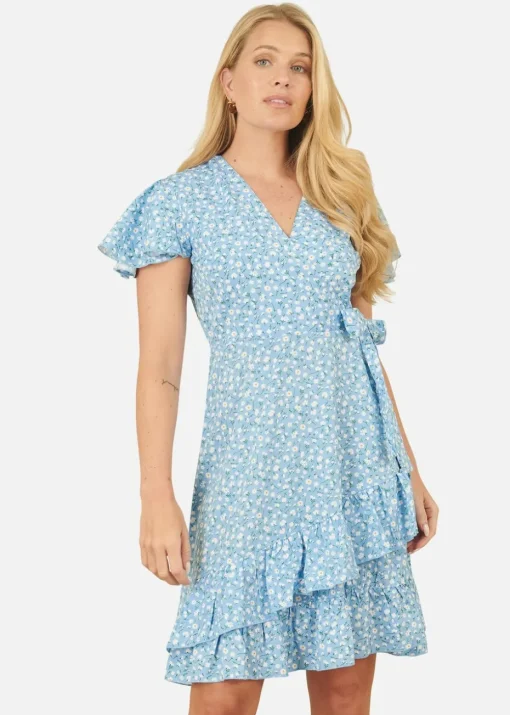 Yumi Blue Ditsy Floral Wrap Frill Dress