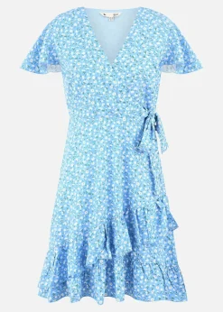 Yumi Blue Ditsy Floral Wrap Frill Dress
