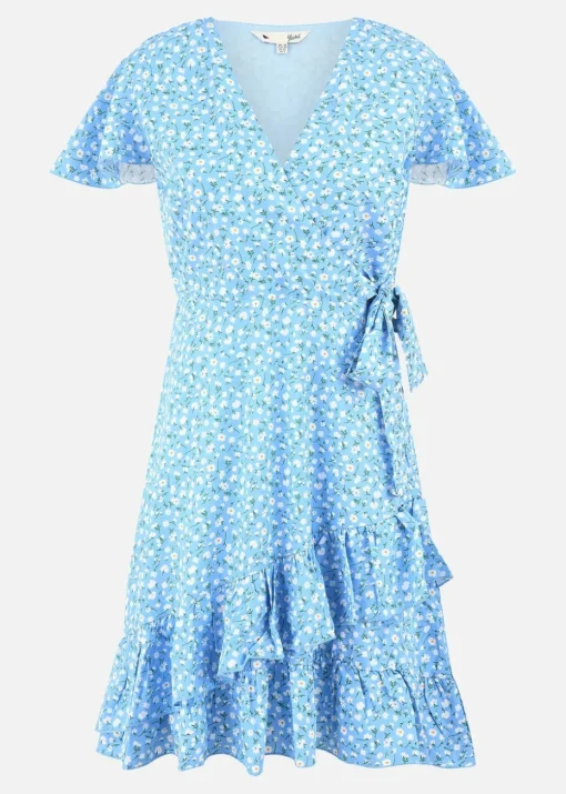 Yumi Blue Ditsy Floral Wrap Frill Dress