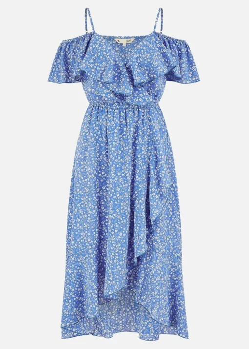 Yumi Blue Ditsy Print Bardot Midi Dress With Dip Hem