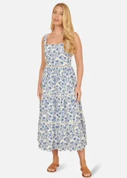 Yumi Blue Floral Broderie Anglaise Midi Sun Dress