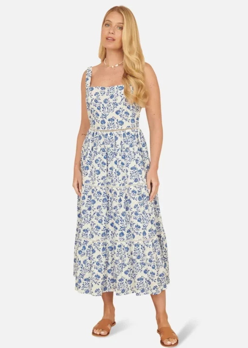 Yumi Blue Floral Broderie Anglaise Midi Sun Dress