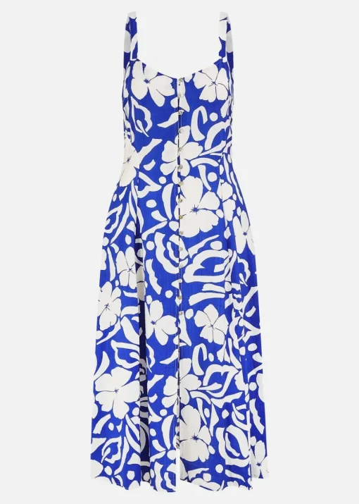 Yumi Blue Floral Button Through Midi Dress