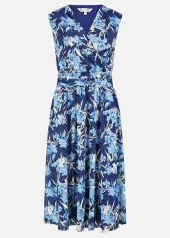 Yumi Blue Floral Mesh Wrap Skater Dress With Pockets