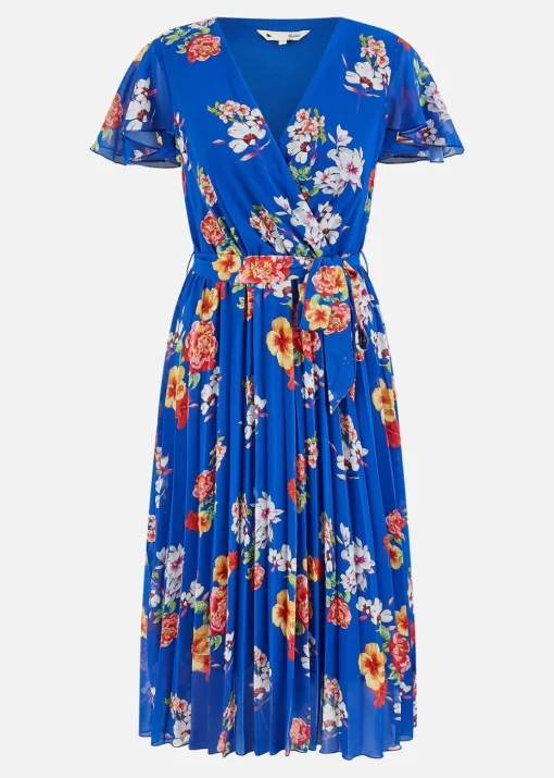 Yumi Blue Floral Pleated Wrap Dress