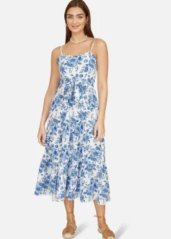 Yumi Blue Floral Strappy Midi Dress With Front Tie
