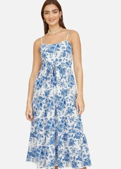 Yumi Blue Floral Strappy Midi Dress With Front Tie