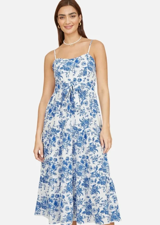 Yumi Blue Floral Strappy Midi Dress With Front Tie