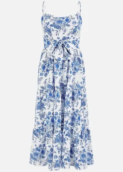 Yumi Blue Floral Strappy Midi Dress With Front Tie