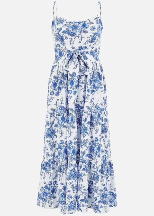 Yumi Blue Floral Strappy Midi Dress With Front Tie