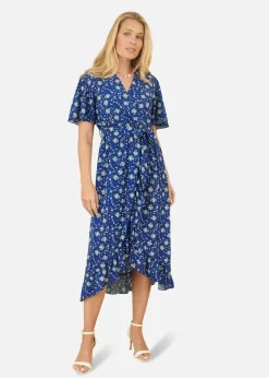 Yumi Blue Floral Wrap Dress With Frill Hem