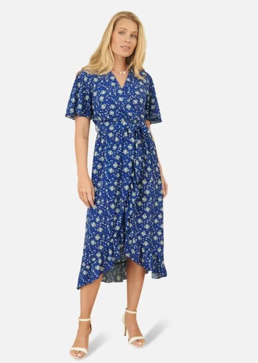 Yumi Blue Floral Wrap Dress With Frill Hem