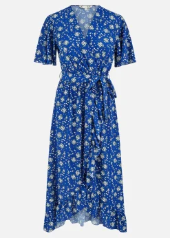 Yumi Blue Floral Wrap Dress With Frill Hem