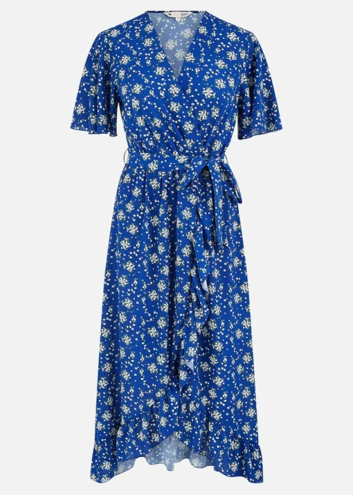 Yumi Blue Floral Wrap Dress With Frill Hem