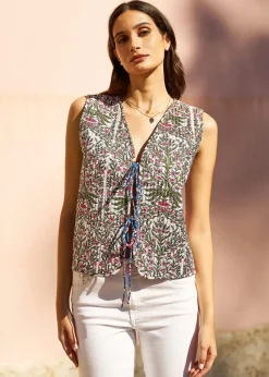 Yumi Blue Flower Reversible Cotton Quilted Waistcoat