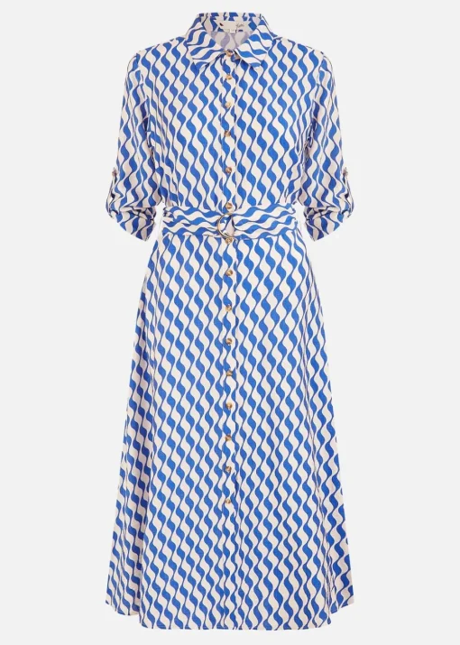 Yumi Blue Geo Swirl Print Midi Shirt Dress