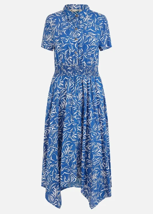 Yumi Blue Leaf Print Dip Hem Midi Shirt Dress