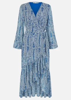 Yumi Blue Paisley Dipped Hemline Midi Dress With Open Long Sleeves