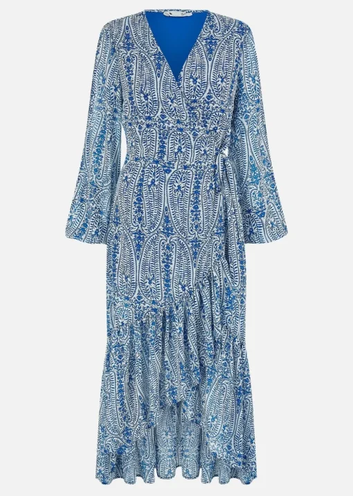 Yumi Blue Paisley Dipped Hemline Midi Dress With Open Long Sleeves