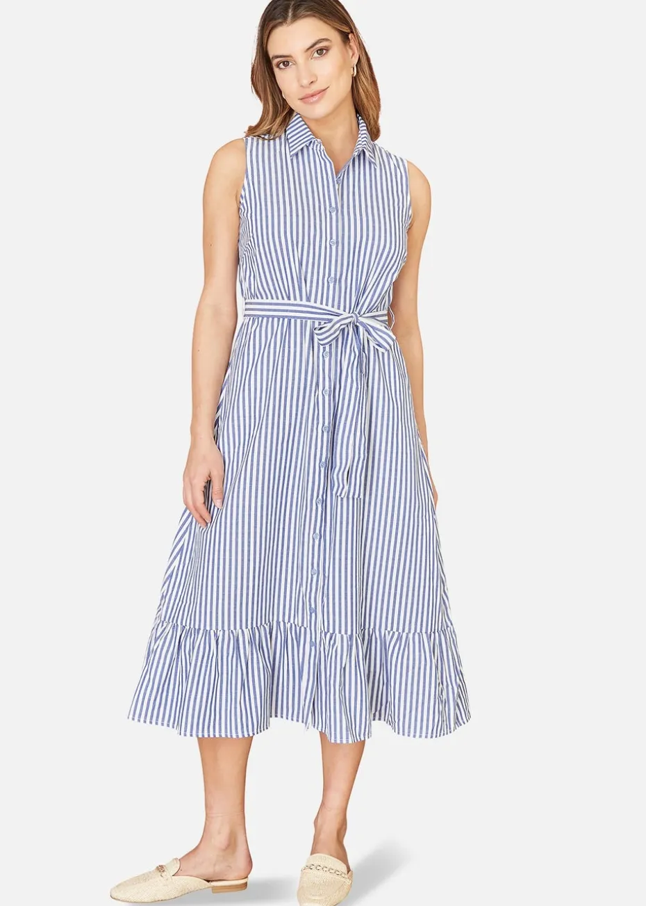 Yumi Blue Striped Sleeveless Midi Shirt Dress